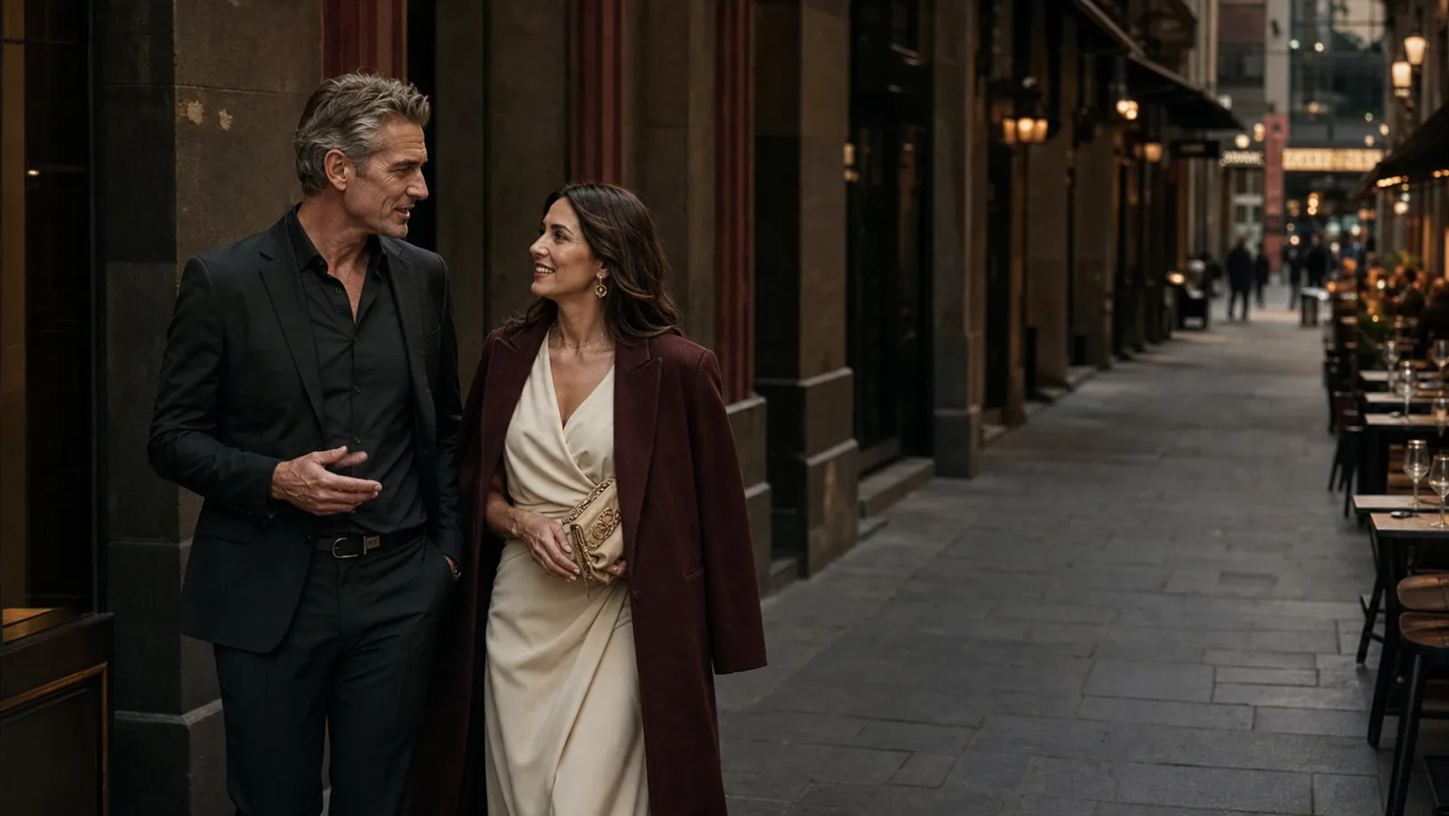 Adult couple walking through a Melbourne laneway