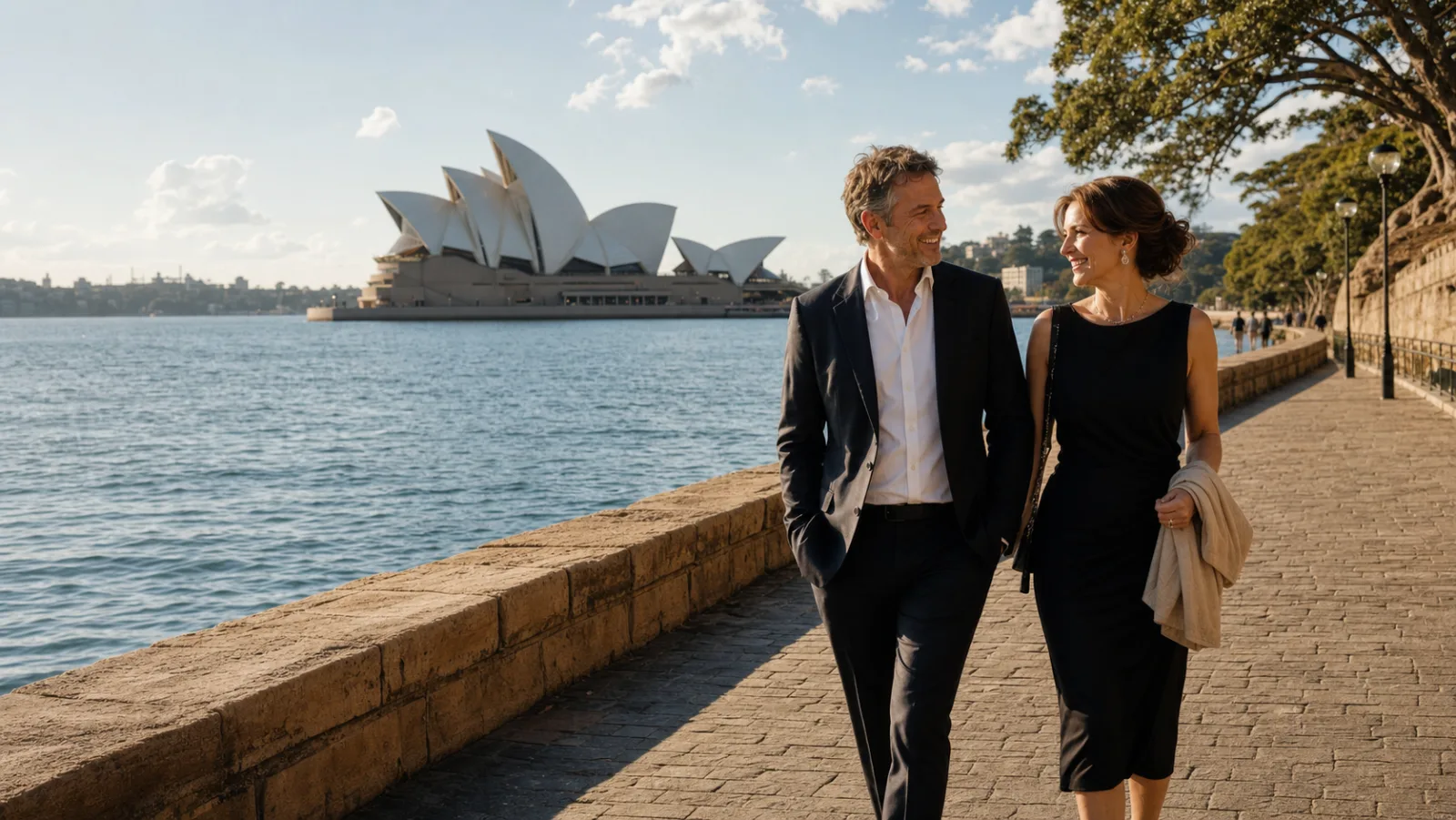 Adult couple walking beside Sydney Harbour
