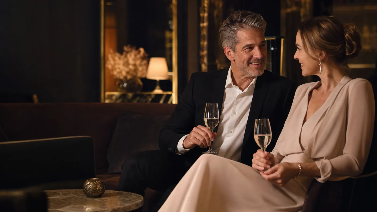 Mature couple talking in an elegant lounge